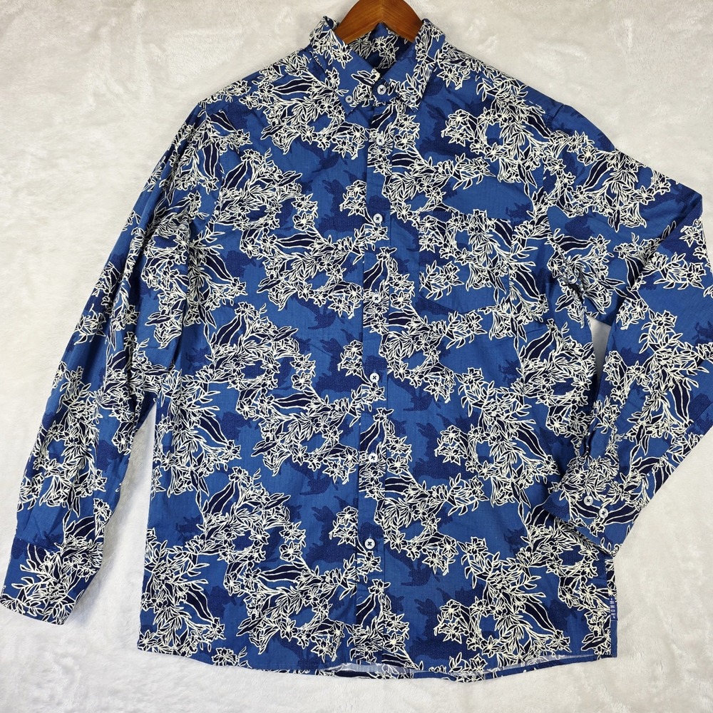 ROWN Long Sleeve Blue Floral Print Men's Sportshirt Button Up